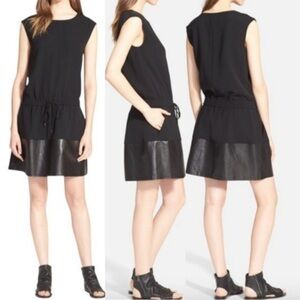 Vince Black Crepe Shirt Dress with Leather Trim